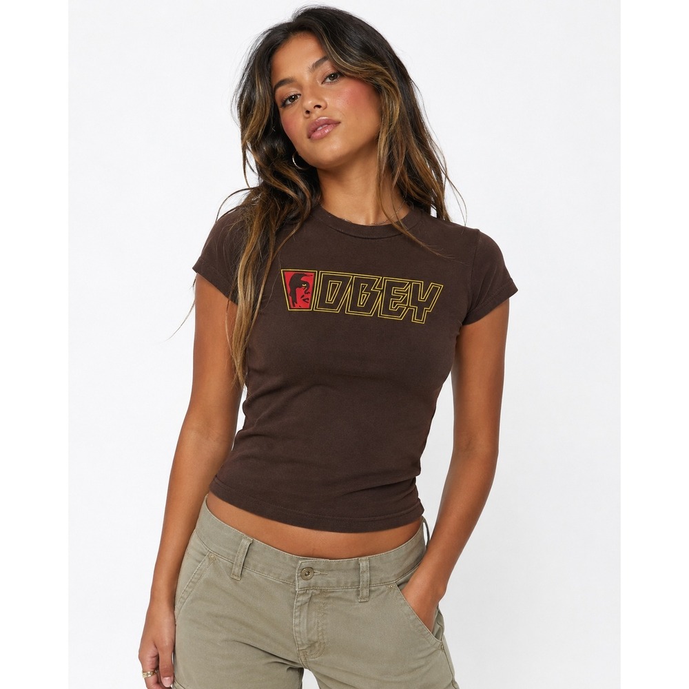 Obey Womens Graphic T-Shirt Brown Yellow Red Logo Short Sleeve Small Made in USA